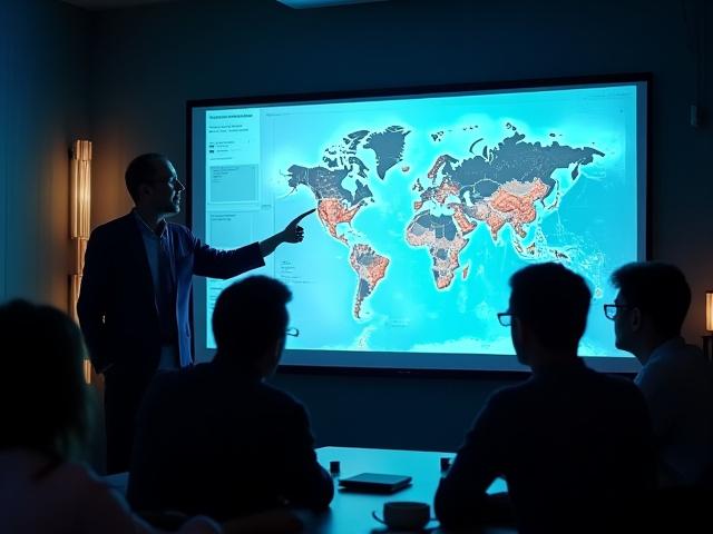 강사가 대형 스크린 앞에서 지질도 데이터를 설명하는 모습