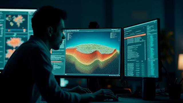 AI 기반 광물 데이터 분석 전문가가 컴퓨터로 작업하는 모습
